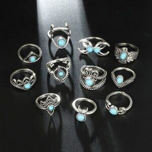 **HALONA* 11-Pc Silver Moon x Turquoise Ring Set